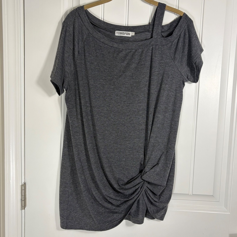 Temofon Womens Gray Cold Shoulder Knot Front Strappy Short Sleeve Top Large
